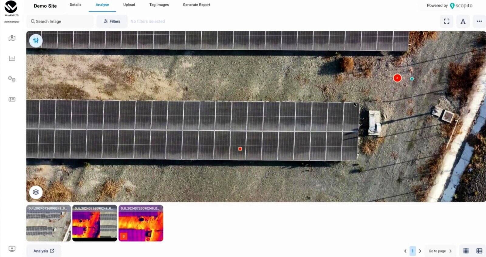 WizePM inspection dashboard showing thermal anomalies ranked by severity on a solar park